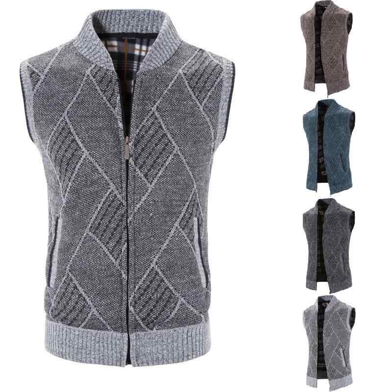 ニットベスト メンズ 裏起毛 厚手 大きいサイズ ゆったり 暖かい 立ち襟 カーディガン ジルコニア柄 アーガイル柄 洗濯可能 秋冬 カジュアル トップス