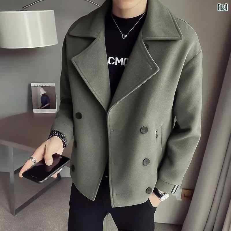 ジャケット メンズ 男性用 厚手 暖かい ゆったり ルーズフィット ウール混 テーラードジャケット ショート丈 シングルブレスト 3つボタン 秋冬 防寒 無地 カジュアル ビジネス 通勤 韓国風