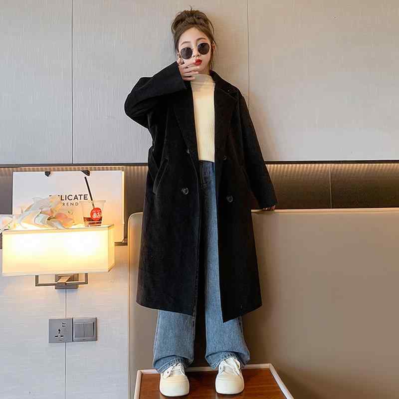 コート 女の子 キッズ ジュニア ダブルフェイス 厚手 柔らか ポリエステル フードなし 長袖 韓国風 ミドル丈 ウエストベルト トレンチコート 無地 秋冬 ベ...