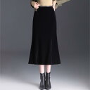 スカート レディース ベルベット ウエストゴム 切り替え マーメイドスカート Aラインスカート タイト ミディ丈 膝下丈 きれいめ 上品 エレガント 通勤 オフィス カジュアル 秋 黒 ポリエステル