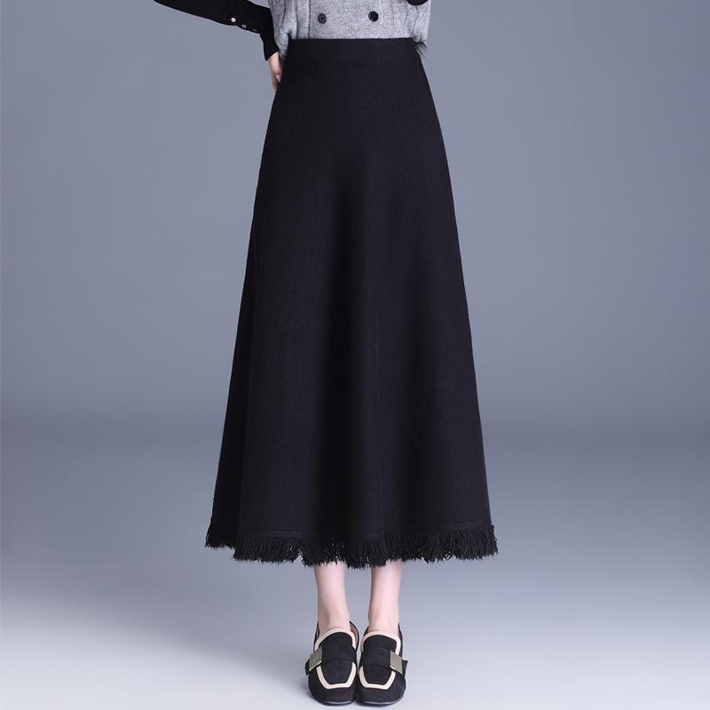 スカート レディース 秋冬 ロング丈 ニット ウエストゴム フリンジ Aライン フレアスカート 切り替え シンプル 無地 エレガント 上品 オフィス 通勤 オフィスカジュアル きれいめ ポリエステル ストレッチ 黒 フリーサイズ