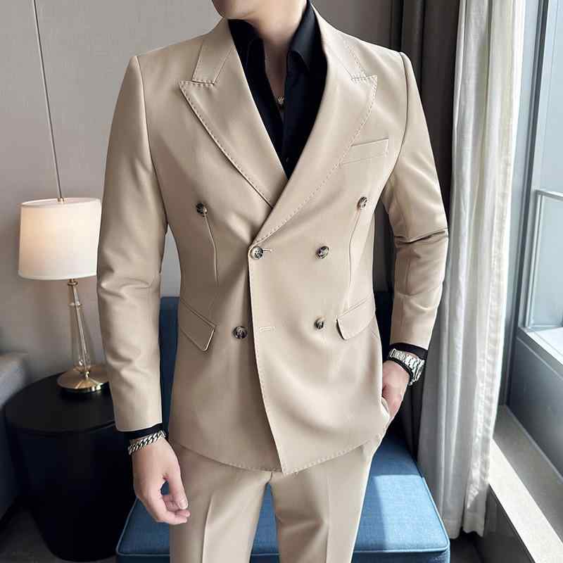 スーツ メンズ スリムフィット ダブルブレスト ピークドラペル ツーピース 上下セット カジュアル ビジ..