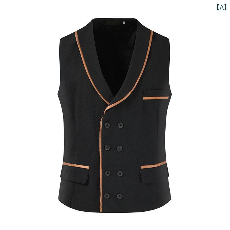 メンズベスト Vネック ダブルボタン ビッグサイズ ゆったり カジュアル スーツスタイル 無地 ポリエステル 春秋 通勤 オフィス ポケット付き