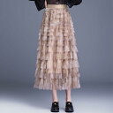 スカート レディース 秋冬 ウエストゴム ロング丈 ミモレ丈 プリント柄 ティアードスカート フレアスカート 切り替え 上品 エレガント きれいめ オフィスカジュアル 通勤 大人カジュアル ポリエステル ブラック カーキ ブルー パープル