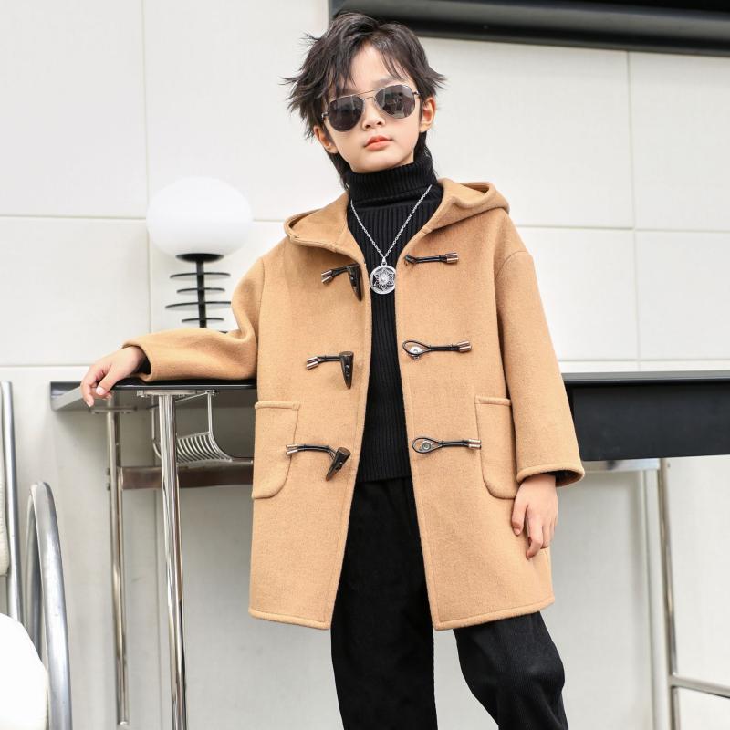 コート 男の子 秋冬 ダブルフェイス カシミヤ ウール メルトン 韓国風 ミドル丈 フード付き トグルボタン 上品 おしゃれ 防寒 通学 お出かけ ジュニア 暖かい