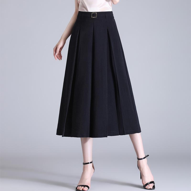 スカートパンツ レディース プリーツ 切り替え ゆったり 薄手 後ろウエストゴム カジュアル エレガント おしゃれ 通勤 七分丈 ワイドパンツ 体型カバー ポリエステル レーヨン素材 ブラック