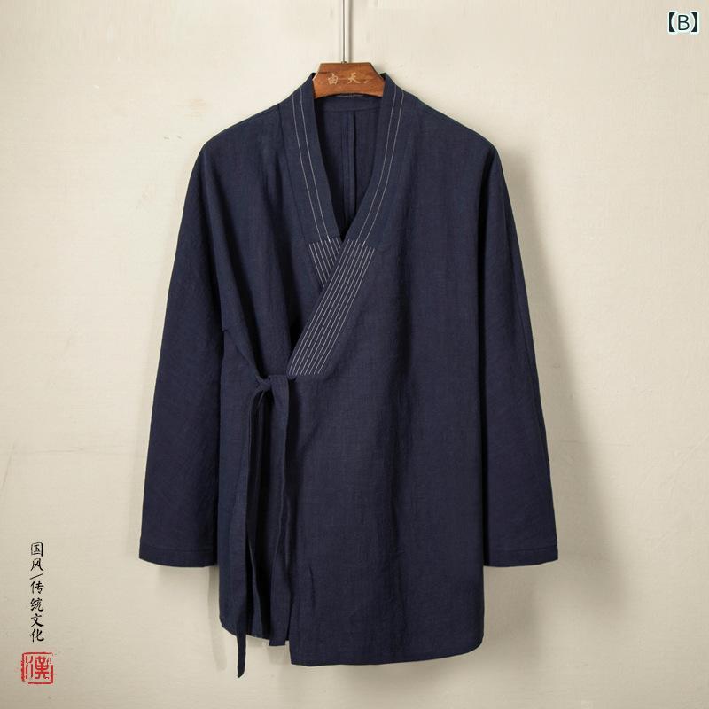 漢服 メンズ 中国風 レトロ 羽織り ジャケット アウター 綿麻 リネン コットン素材 ウォッシュ加工 禅スタイル ミドル丈 スリットデザイン カジュアル リラックスウェア 秋冬