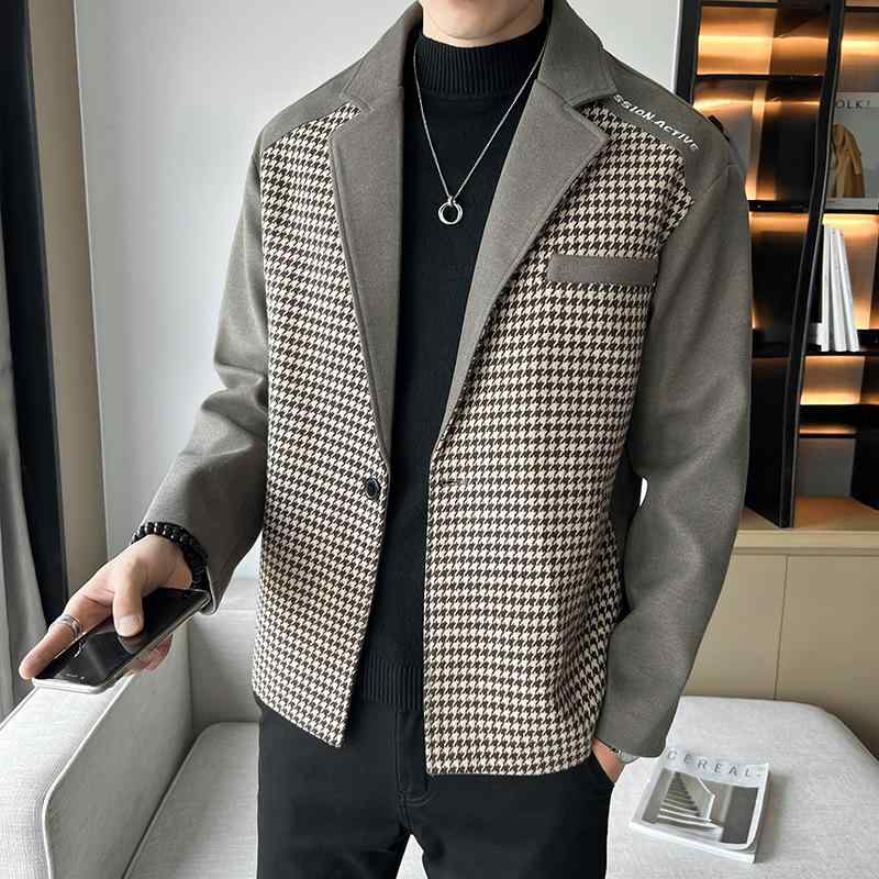 ジャケット メンズ ウォッシャブル スリムフィット 千鳥格子 切り替え メルトン ポリエステル カジュアル 大人 秋冬 テーラード アウター