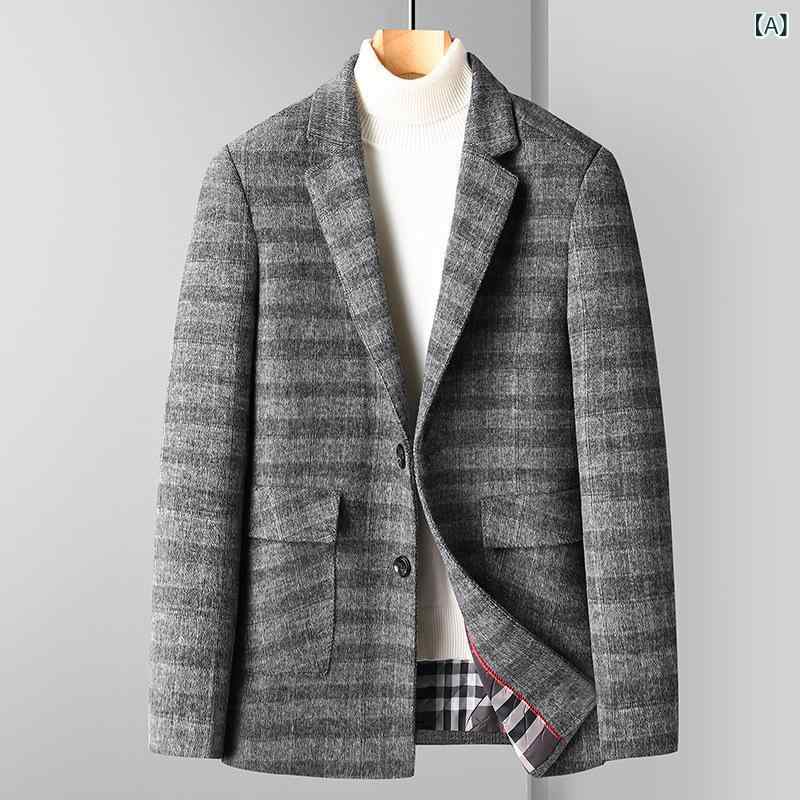 テーラードジャケット メンズ 秋冬 免燙加工 羊毛混紡 チェック柄 シングルブレスト 2ボタン スリムフィット カジュアル 韓国スタイル 通勤 オフィス きれいめ グレー カーキ