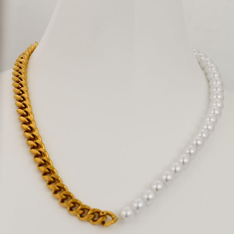 ネックレス メンズ 男性用 ステンレス製 錆びにくい シンプル OTバックル キューバンチェーン 8mm イミテーションパール フェイクパール ゴールド シルバー 幾何学デザイン 半チェーン 半パール 切り替え チョーカー トレンド カジュアル(4)