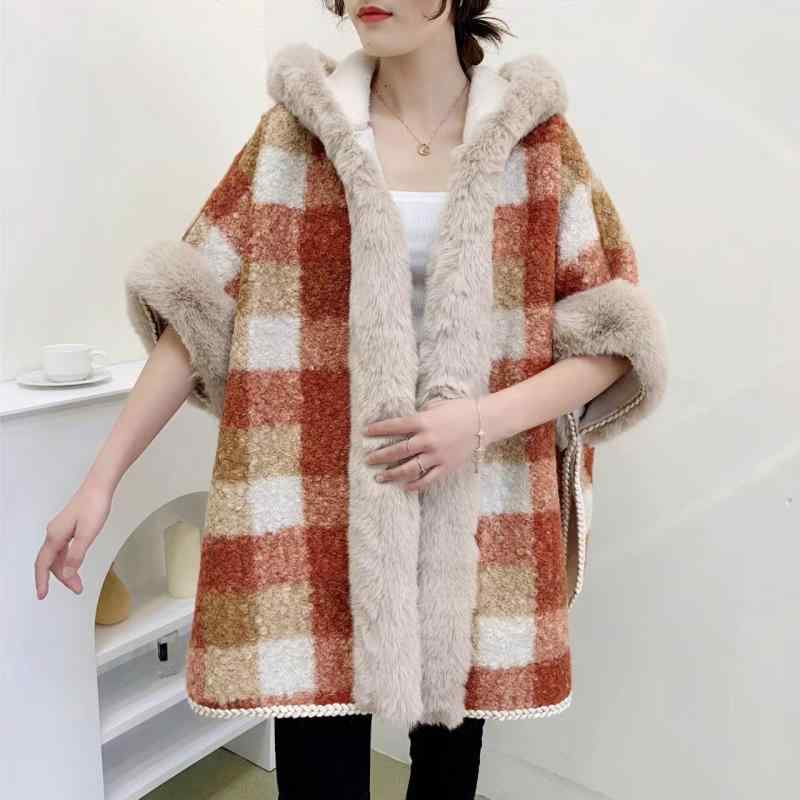 ポンチョ ケープ レディース 暖かい 保温 防寒 裏起毛 厚手 フード付き ミドル丈 カラフルチェック柄 プリント スウィート 日韓風 ゆったり カジュアル ポリエステル 秋冬