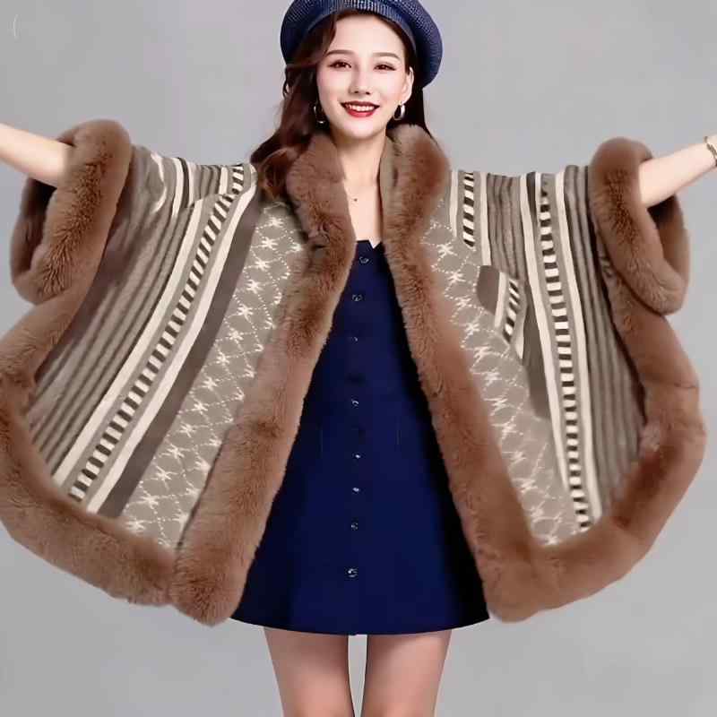 ポンチョ レディース 女性用 暖かい 防寒 ラビットファー風 フェイクファー ショール ケープ アウター ポリエステル 花柄 フリンジ プルオーバー 欧米風 ストリート カジュアル きれいめ 幅広い年代向け