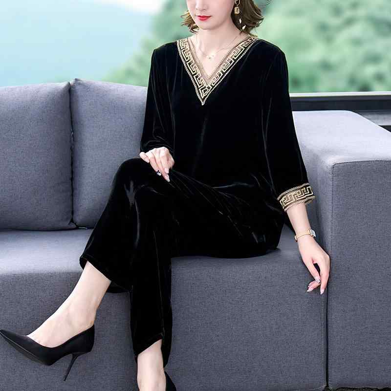 カジュアル セットアップ レディース ミセス ベロア トップス 長袖 切り替え ロング丈 パンツ 高級感 エレガント きれいめ 通勤 秋冬 ブラック