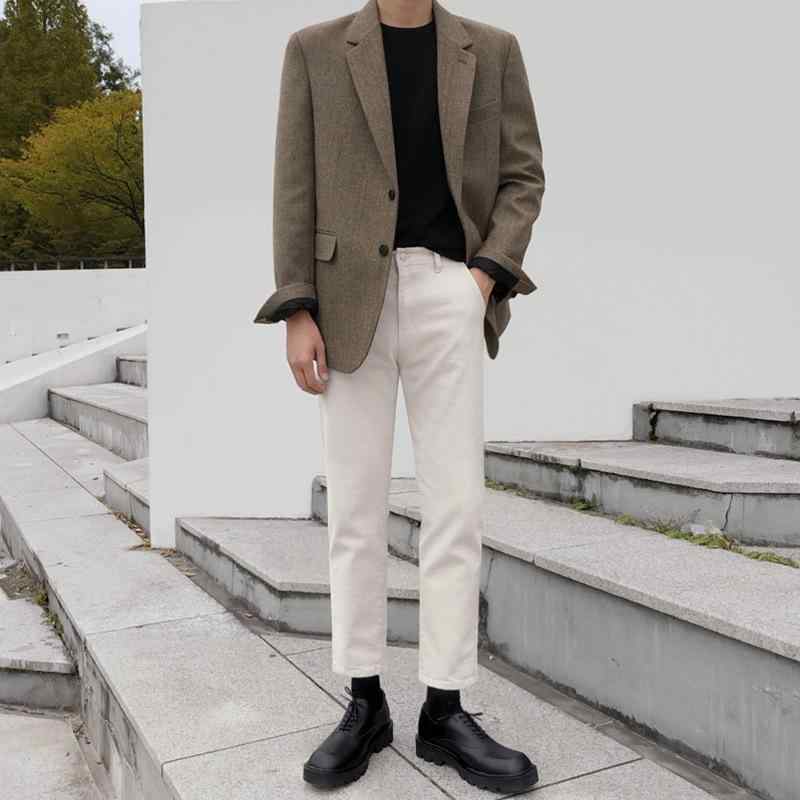 ジャケット メンズ 韓国風 カジュアル ゆったり 厚手 ヘリンボーン ウール ブレザー シワになりにくい ノーアイロン ノッチドラペル 2つボタン 無地 秋冬 ブラウン アウター