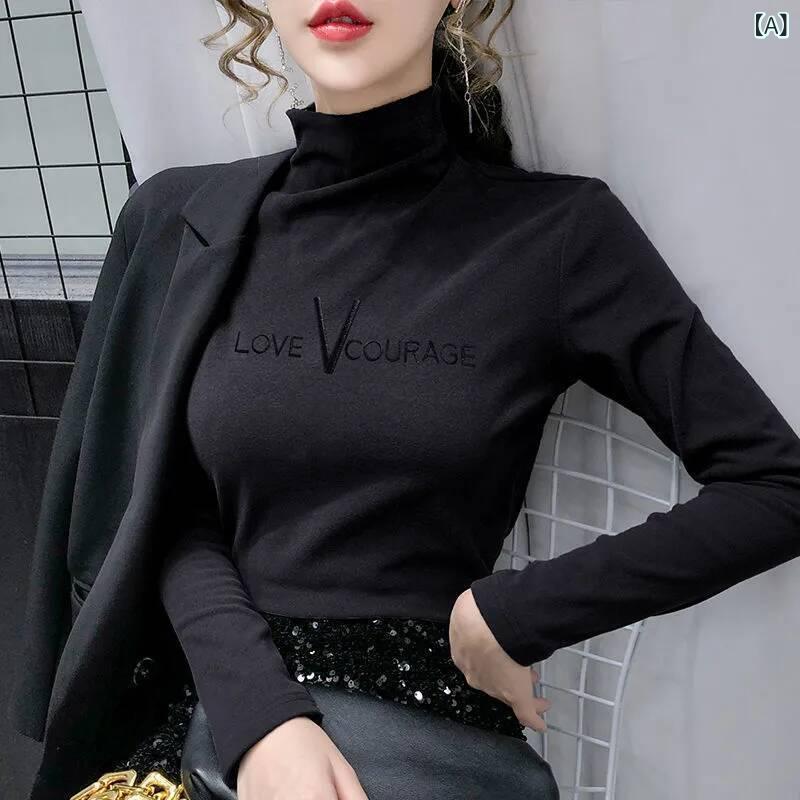 Tシャツ レディース 秋冬 発熱 保温 両面起毛 アルファベット刺繍 モックネック 長袖 切り替え スリムフィット プルオーバー カジュアル secure-depo-10594057 セキュアデポ サンプル画像2
