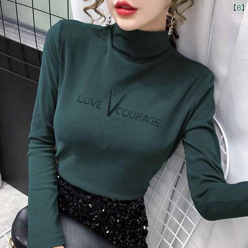 Tシャツ レディース 秋冬 発熱 保温 両面起毛 アルファベット刺繍 モックネック 長袖 切り替え スリムフィット プルオーバー カジュアル secure-depo-10594057 セキュアデポ サンプル画像3