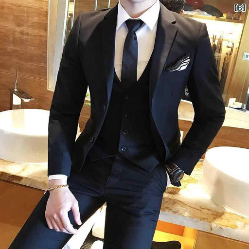 スーツ メンズ 男性用 スリムフィット 細身 スリーピース 2つボタン 韓国風 おしゃれ フォーマル ビジネス 礼服 結婚式 披露宴 パーティー セットアップ