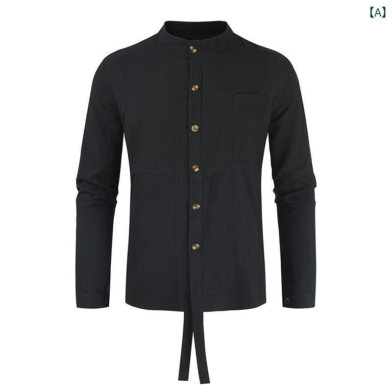 シャツ メンズ 長袖 綿麻 コットンリネン 薄手 通気性 涼しい 吸湿性 ゆったり ルーズフィット 無地 カジュアル スタンドカラー 立ち襟 ポケット付き 普段着 部屋着 春夏