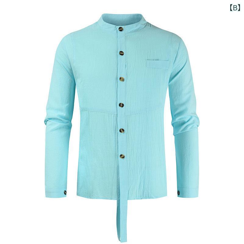 シャツ メンズ 長袖 綿麻 コットンリネン 薄手 通気性 涼しい 吸湿性 ゆったり ルーズフィット 無地 カジュアル スタンドカラー 立ち襟 ポケット付き 普段着 部屋着 春夏