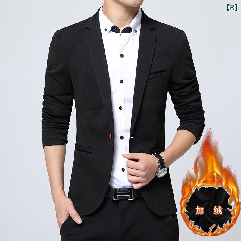 テーラードジャケット メンズ 男性用 裏起毛 厚手 スリムフィット 韓国風 カジュアル アウター 秋冬 無地 襟付き シングルブレスト 一つボタン 大きいサイズ