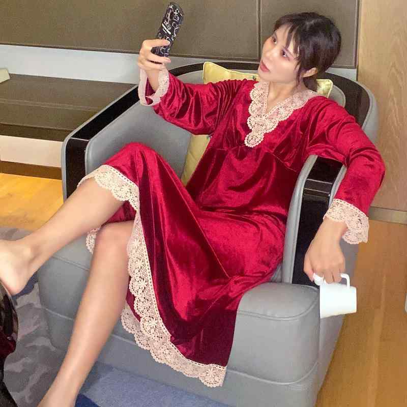 保温性 ルームウェア ワンピース レディース 女性用 秋冬 セクシー Vネック レース ベロア 長袖 ロング丈 マキシ丈 部屋着 パジャマ 寝間着 快適 ゆったり ポリエステル