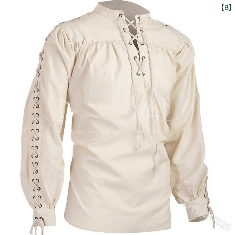 シャツ メンズ 接触冷感 中世レトロ 欧米風 スタンドカラー 紐付き 長袖 ゆったり ルーズフィット 綿 コットン 春夏 カジュアル