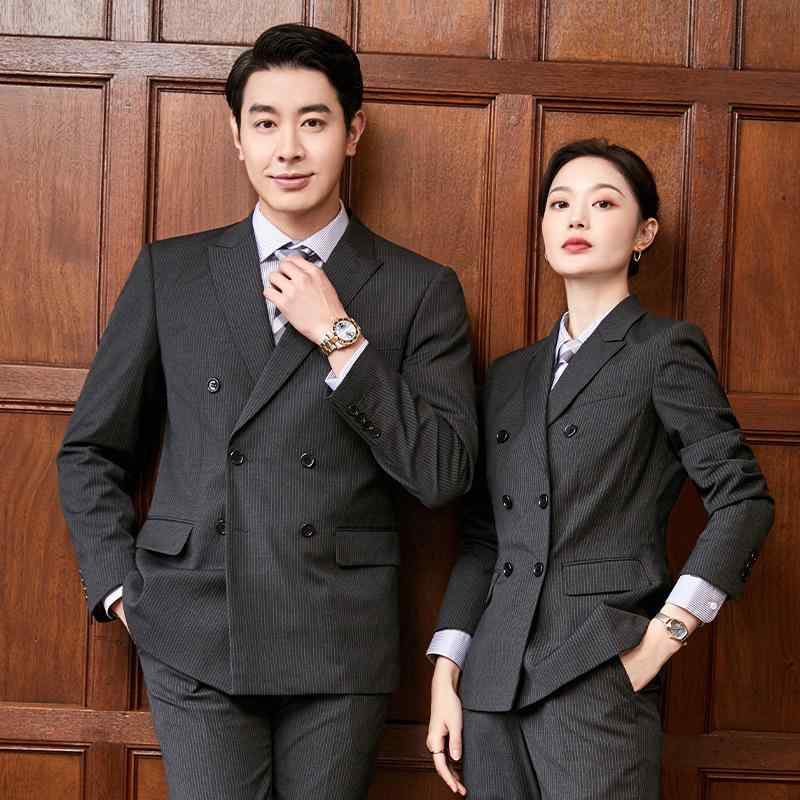 スーツ メンズ レディース 男女兼用 ビジネス フォーマル オフィス 通勤 事務服 企業制服 ユニフォーム 作業着 ワークウェア オールシーズン スリムフィット ダブルブレスト 2つボタン ポリエステル混紡 セットアップ