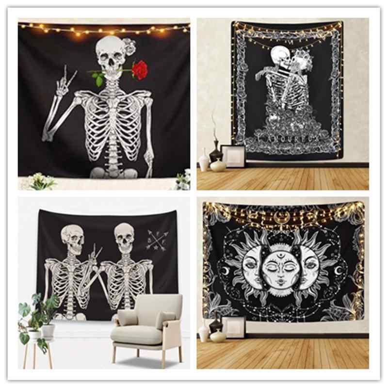 タペストリー スカル柄 白黒 モノクロ レトロデザイン ポリエステル 洗濯可能 壁掛け ウォールデコ リ..