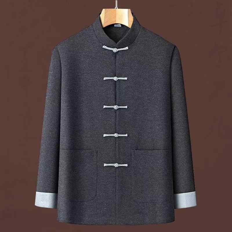 チャイナジャケット メンズ 秋冬 高級感 中華風 レトロ モダン 改良 中綿入り ウール メルトン 保温 中山服 シニア 紳士 大きいサイズ セットアップ アウター(4.0)