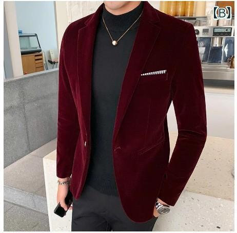 テーラードジャケット メンズ 男性用 秋冬 ベロア スリムフィット スタンドカラー 1つボタン ゴールドカラー 高級感 上質 カジュアル フォーマル 結婚式 パーティー ステージ衣装 耐摩耗性