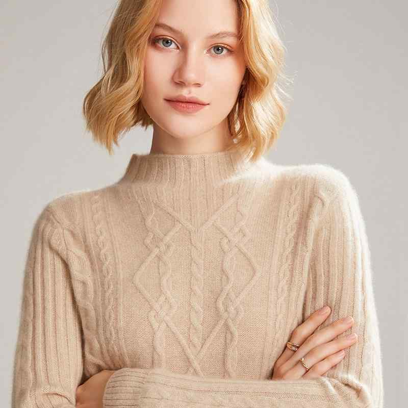 セーター レディース カシミヤ100% 秋冬 ハイネック ショート丈 プルオーバー 長袖 スリムフィット ジルコニア柄 ケーブル編み ニット 無地 通勤 大人カジュアル きれいめ 保温 暖かい