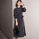 ワンピース レディース フレンチレトロ 小花柄 花柄プリント Aライン シャツワンピース クルーネック 長袖 ハイウエスト コートインナー ミモレ丈 ロング丈 ...