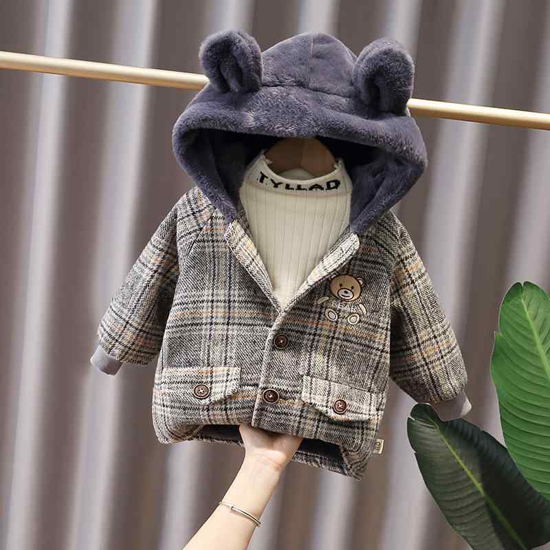 キッズ ベビー 男の子 女の子 コート 裏ボア 厚手 フード付き ウール調 中綿 韓国ファッション シングルボタン ジャケット 動物柄 チェック柄 3歳 8歳 ...