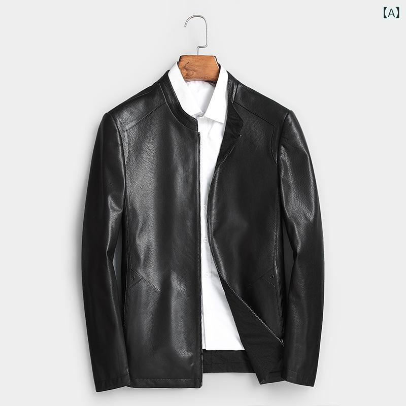 レザージャケット メンズ 男性用 リバーシブル 本革 牛革 立ち襟 ジップアップ ミドル丈 秋冬 ビジネス カジュアル 通勤 大人向けアウター ブラック ポリエステル裏地