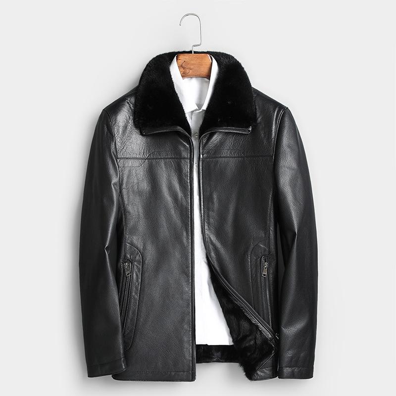 レザージャケット メンズ 本革 山羊革 ミンクファーライナー ジップアップ テーラードカラー カジュアル ビジネスシーン レギュラーフィット ブラック ノンアイロン加工(4)