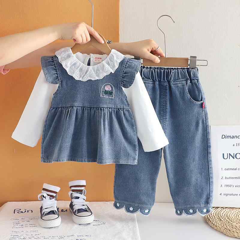 ベビー服 女の子 長袖 コットン デニムベスト プリンセスドレス 春秋 3点セット おしゃれ かわいい ソフトタッチ 肌に優しい 韓国風 セットアップ 80 90 100