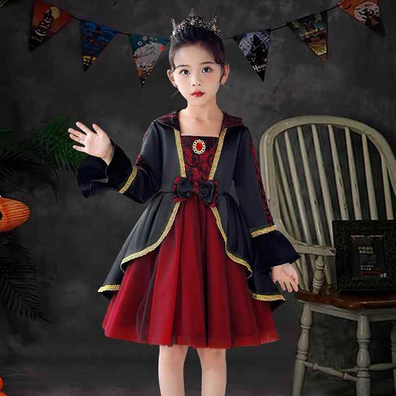 ドレス キッズ 女の子 ジュニア リボン 切り替えデザイン ハロウィン クリスマス 発表会 舞台 イベント コスプレ 衣装 仮装 魔女 クイーン プリンセス お姫様 レッド ロング丈 ショート丈 ポリエステル素材
