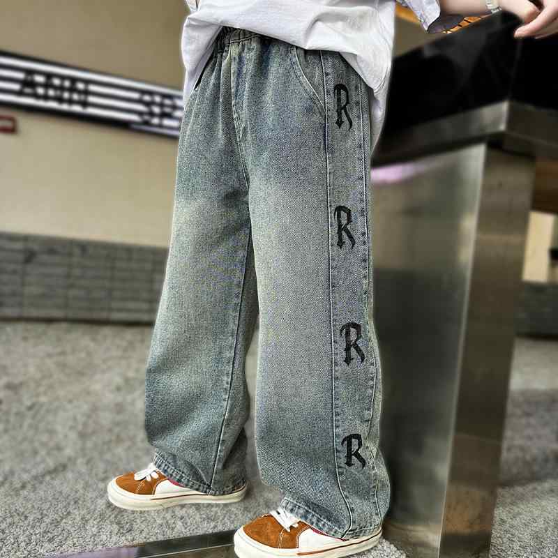 デニムパンツ キッズ ジュニア 男の子 女の子 春秋冬 トレンド ゆったり ストレート ウエストゴム ハイ..