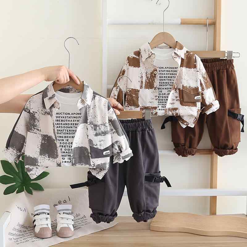 セットアップ 男の子 ベビー 幼児 春秋 韓国子供服 おしゃれ カジュアル 長袖 シャツ パンツ 3点セット 柔らか素材 コットン ロゴ入り シングルボタン