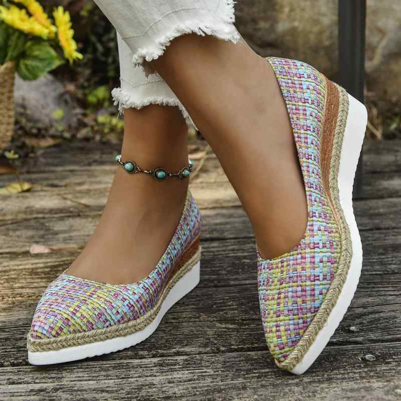 パンプス レディース 厚底 ウェッジソール ポインテッドトゥ ミドルヒール 浅口 スリッポン 麻素材 花柄 PUレザー ゴム底 カジュアル 大きいサイズ 多色展...