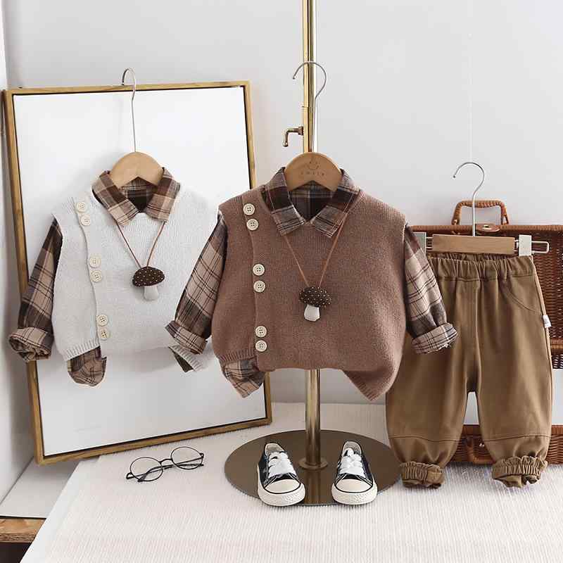ベビー 男の子 セットアップ 春秋 韓国子供服 長袖シャツ ベスト ロングパンツ 三点セット 綿素材 柔らか ダブルボタン 大柄チェック フォーマル カジュアル お出かけ 通園