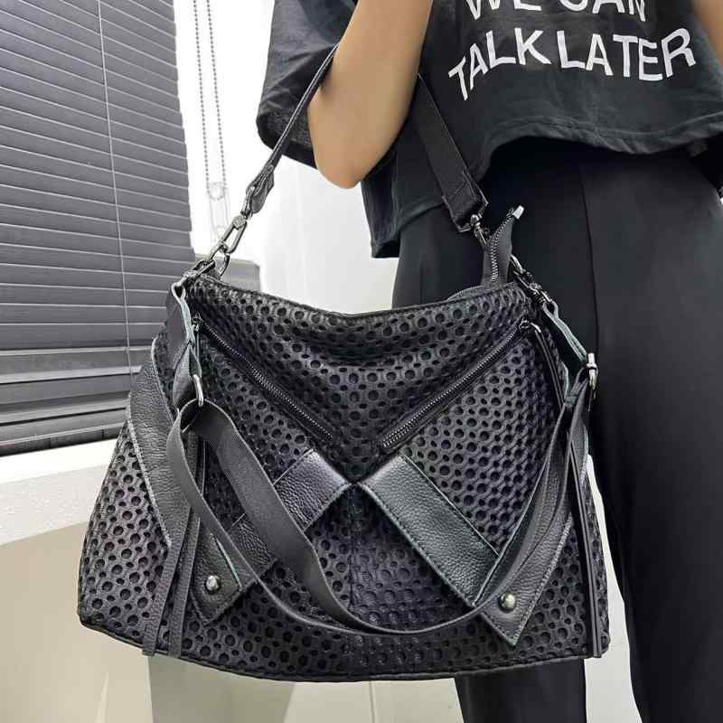 ショルダーバッグ レディース 春夏 Y2Kスタイル レトロ メッシュ 多重バックルストラップ ナイロン チェーン ジッパー開閉 携帯ポケット付き 横型 スクエア ハンドバッグ カジュアル 普段使い(4)