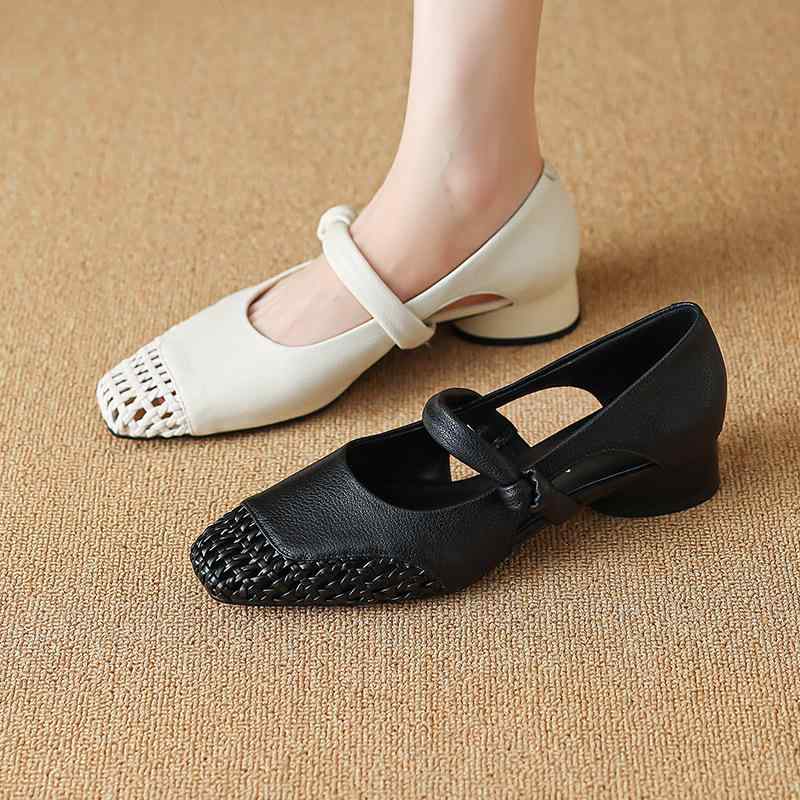 メリージェーン レディース 春夏 スクエアトゥ 太ヒール ミドルヒール 編み込み 透かし彫り スリッポン 通気性 快適な履き心地 通勤 オフィス カジュアル 無...