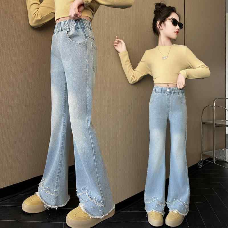 デニムパンツ 女の子 キッズ ストレッチ スリムフィット パール フレアパンツ ハイウエスト ゴムウエスト ソフトデニム カジュアル ロング丈 小学生 ジュニア 春秋 トレンド