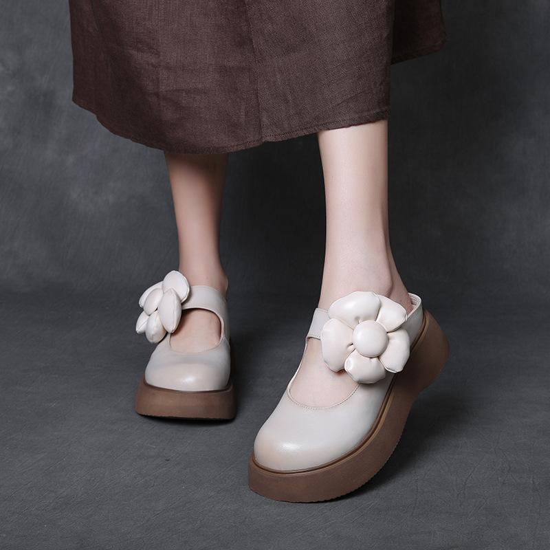 ミュール サンダル レディース 女性用 本革 牛革 厚底 つま先カバー バックレス ラウンドトゥ 快適 デイリーカジュアル 発泡ゴム底 豚革中敷き 春夏 グリーン ベージュ ブラウン