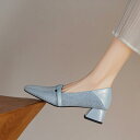 パンプス レディース 羊革 スエード 切り替え スクエアトゥ ミドルヒール チャンキーヒール スリッポン パンチングデザイン 欧米風 春夏秋