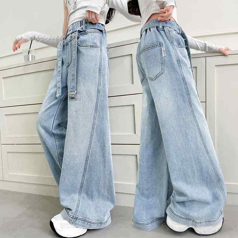 デニムパンツ キッズ 女の子 ジュニア 春秋 デザインベルト付き ハイウエスト ウエストゴム ストレート ワイドシルエット 綿素材 ゆったり ルーズフィット 柔らかい肌触り カジュアル 普段使い 通学用