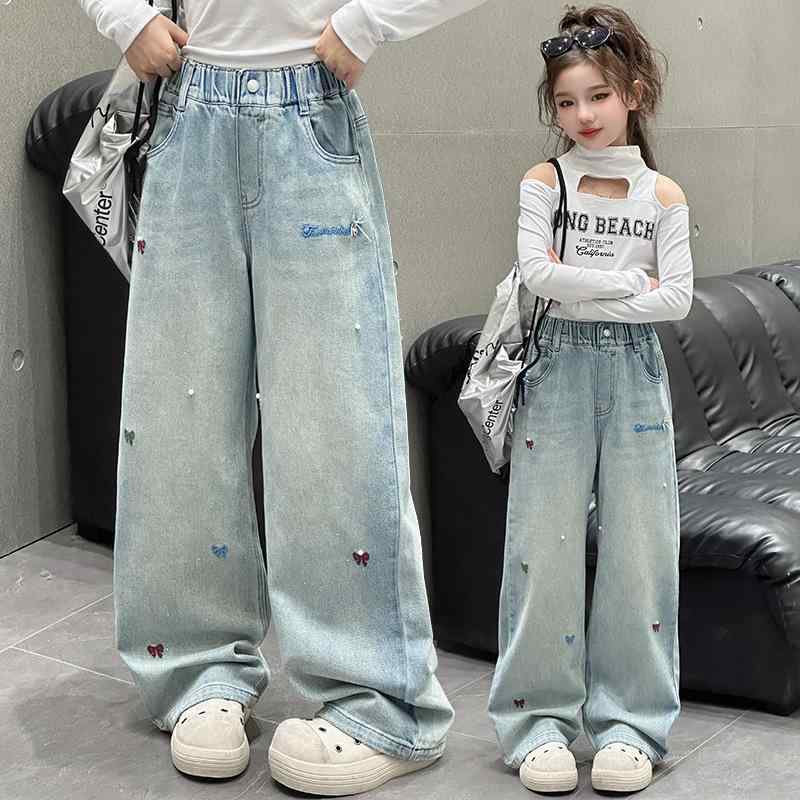 パンツ 女の子 ジュニア 春秋 デニム リボン 刺繍 パール装飾 ハイウエスト ウエストゴム ゆったり ストレート ワイド コットン 柔らか素材 普段着 部屋着 カジュアル