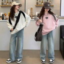 キッズ 女の子 セットアップ トレーナー スウェット デニムパンツ ジュニア向け 2点セット 韓国ファッション ハート柄 切り替えデザイン 細見え おしゃれ スポーティカジュアル 秋物 長袖 プルオーバー 綿混素材 薄手 ソフトタッチ