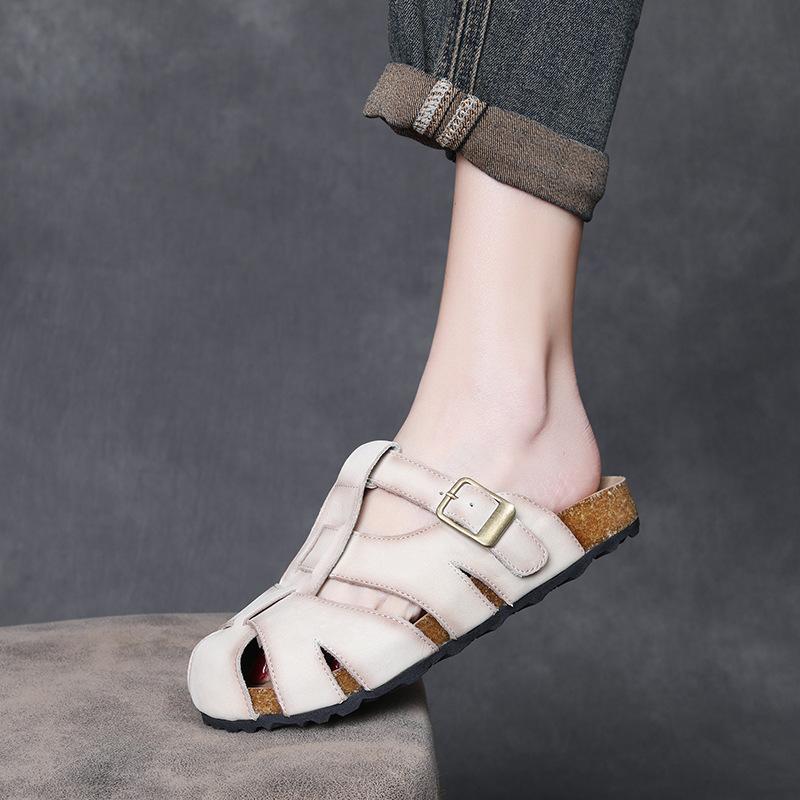 サンダル スリッパ レディース 女性用 本革 牛革 柔らか素材 クローズドトゥ つま先保護 カットアウト フラット ベルトバックル 外履き 春夏 レトロ カジュアル デイリーユース